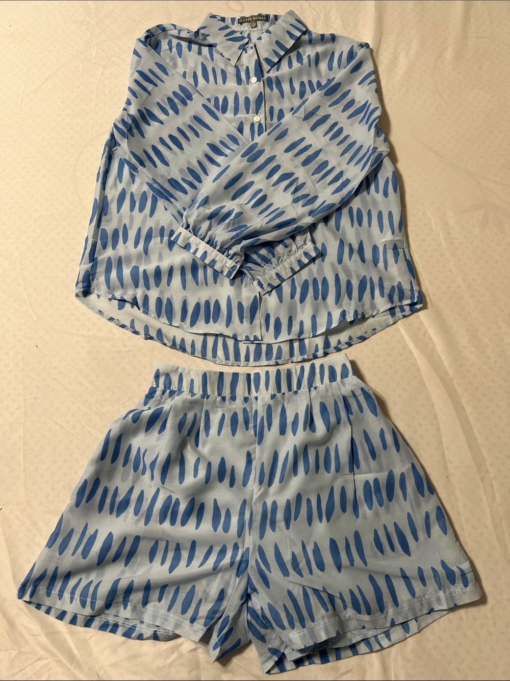Blue Printed Two-Piece Set with Button Front Top